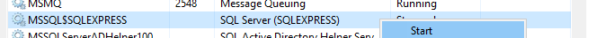 SQL Server instance selected in list of Services with mouse hovering over option to start service