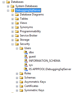 Screenshot of SQL Server Management Studio with the users assigned to a particular database displayed
