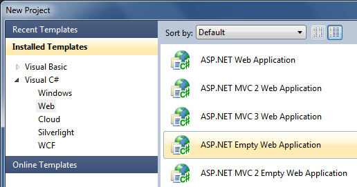 Creating a new web application project in Visual Studio