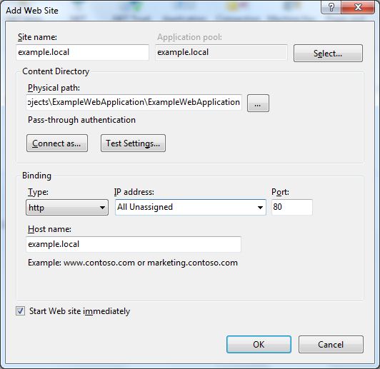 Configuring the new website in IIS Manager